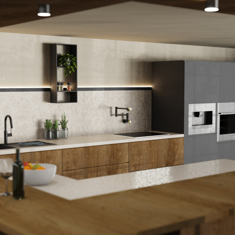 Pot Filler, wall-mounted articulated mixer tap in matte black and brushed gold