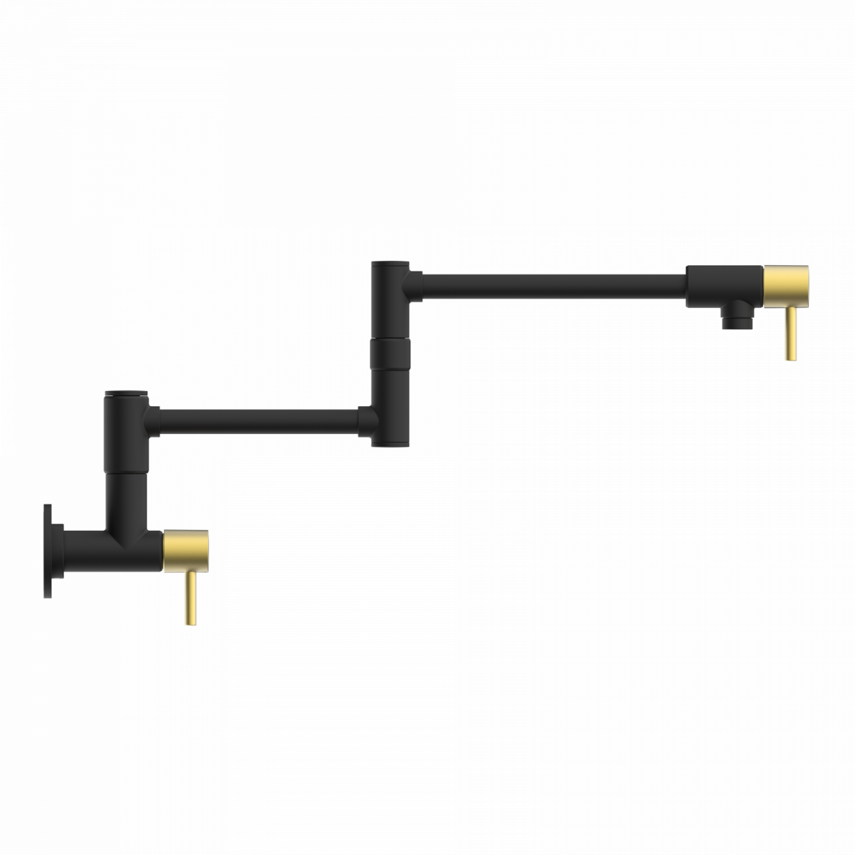 Pot Filler, wall-mounted articulated mixer tap in matte black and brushed gold
