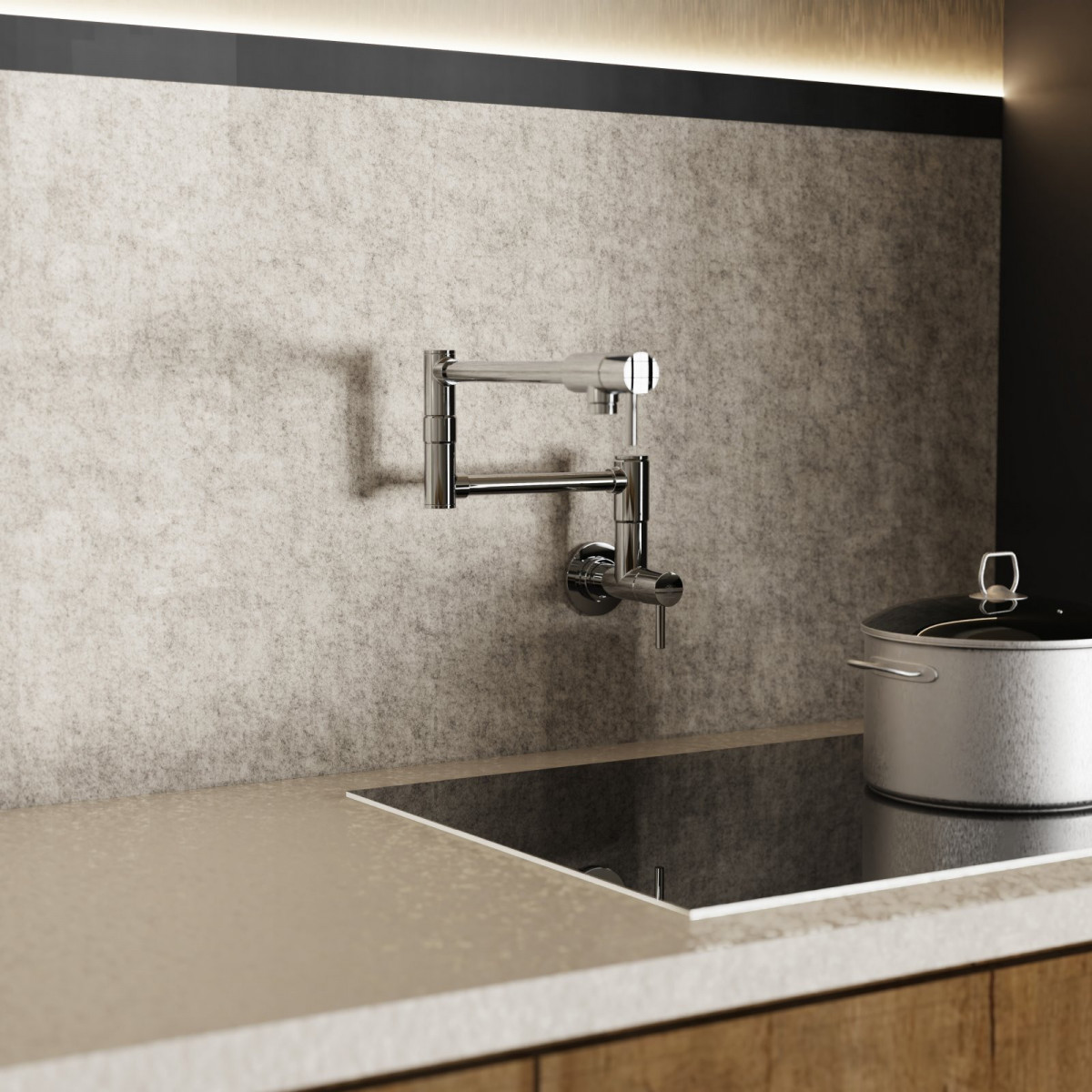 Pot Filler, wall-mounted articulated mixer tap for the kitchen in chrome