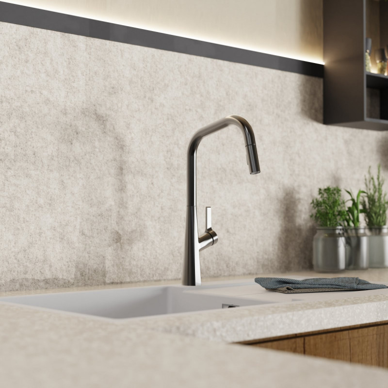 Keid Edge, Kitchen faucet with edged spout and pull-down spray in matte graphite
