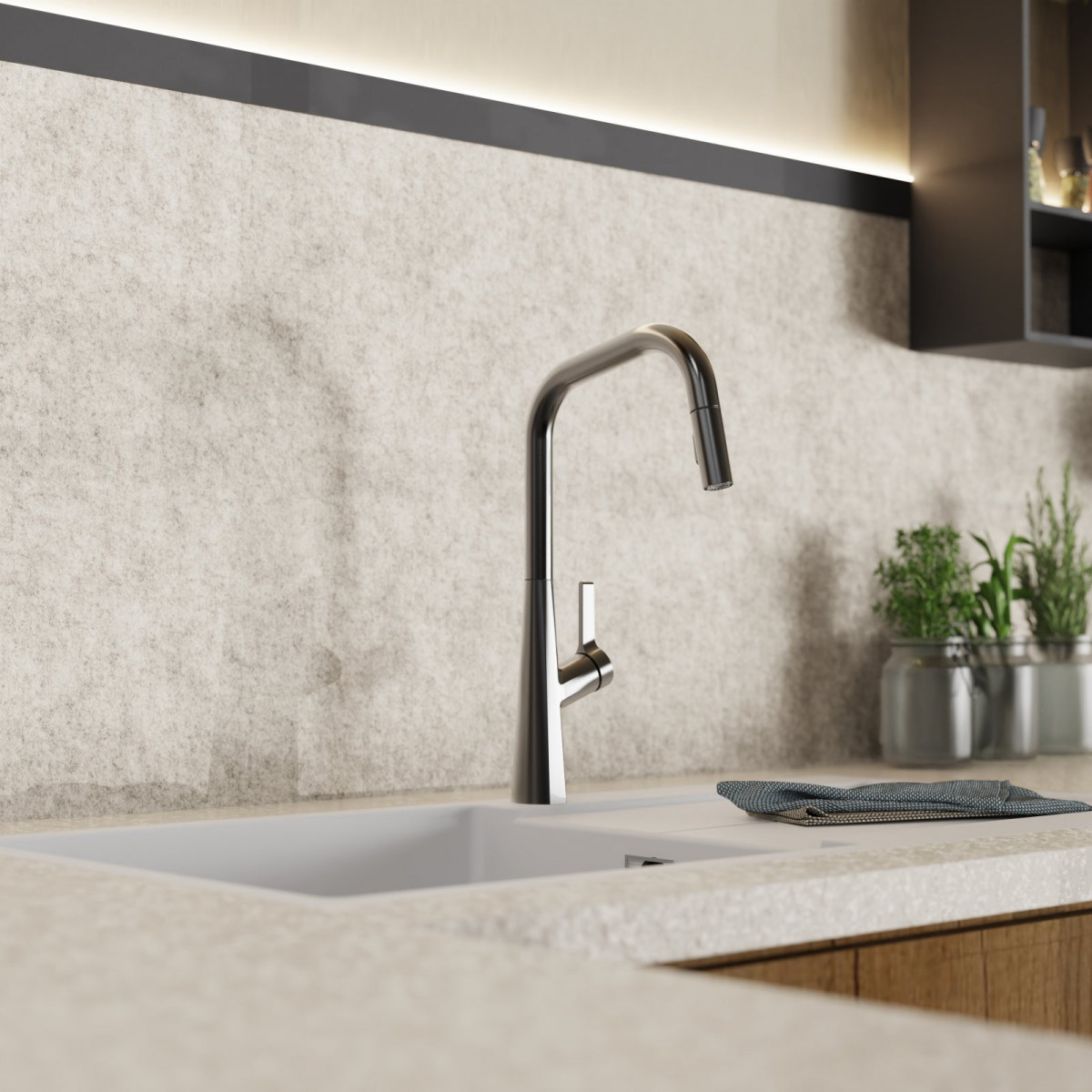 Keid Edge, Kitchen faucet with edged spout and pull-down spray in matte graphite