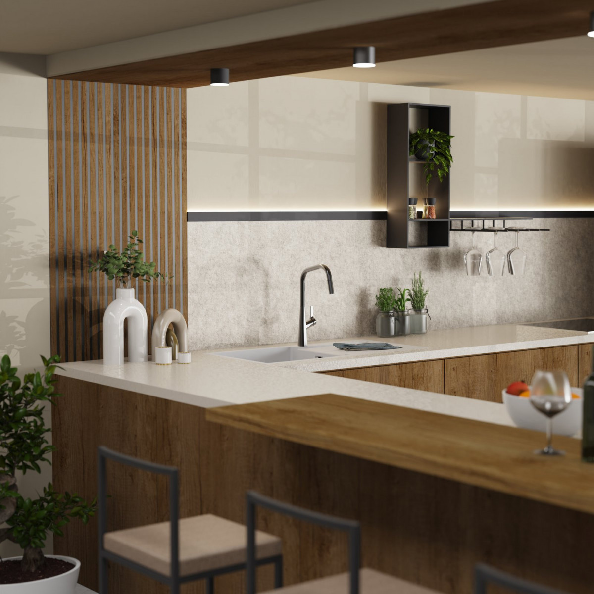 Keid Edge, Kitchen faucet with edged spout and pull-down spray in matte graphite