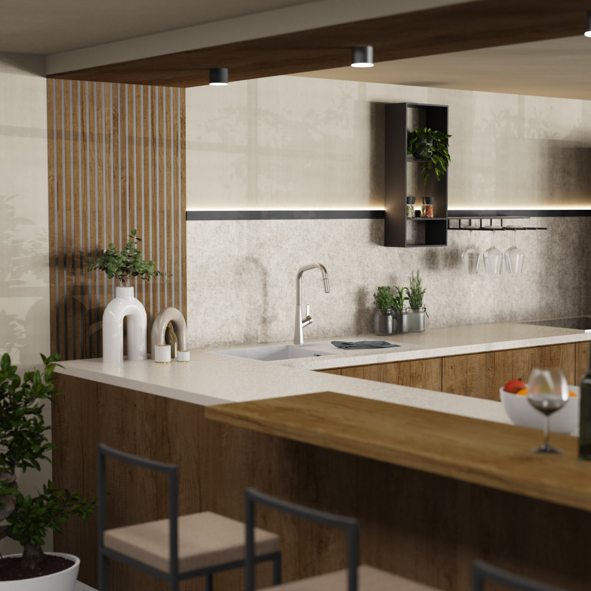 Keid Edge, Kitchen faucet with edged spout and pull-down spray in brushed nickel