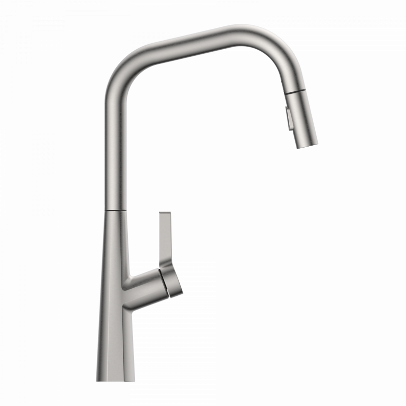 Keid Edge, Kitchen faucet with edged spout and pull-down spray in brushed nickel