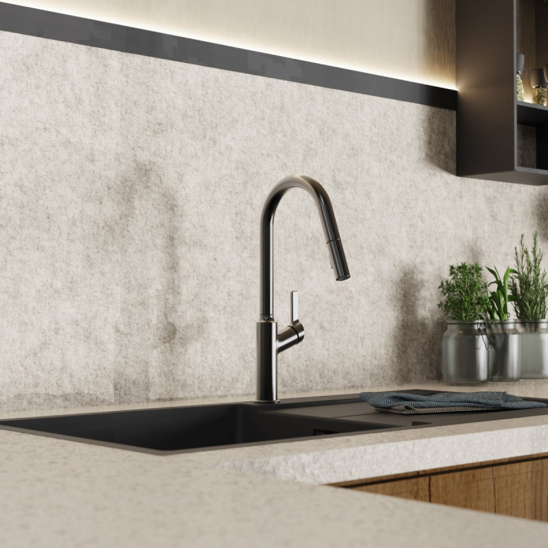 Okab, Kitchen faucet with curved spout and pull-down spray in matte graphite