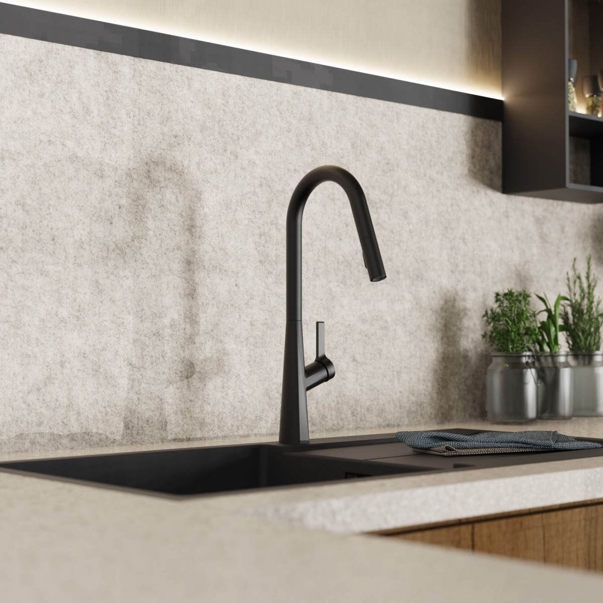 Keid Curve, Kitchen faucet with curved spout and pull-down spray in matte black