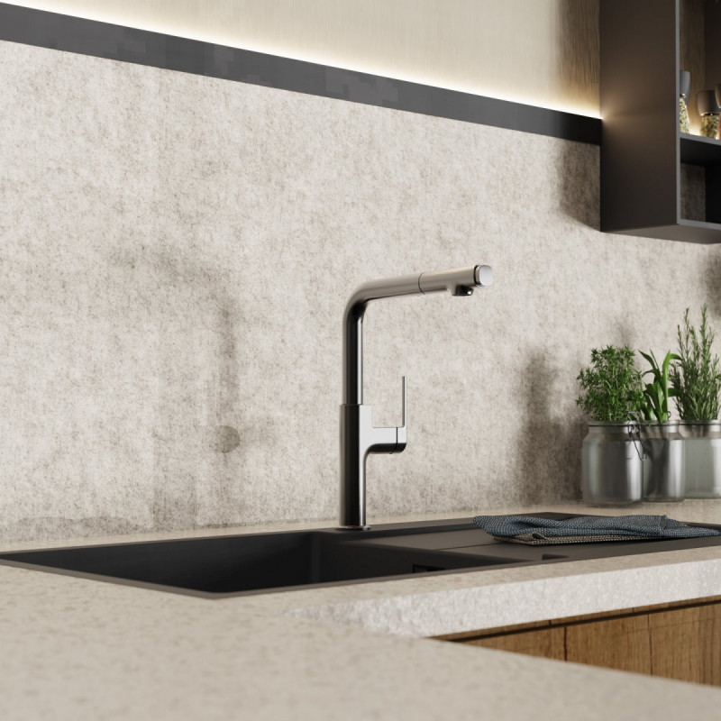 Polis, Kitchen faucet with straight spout and pull-out spray in matte graphite