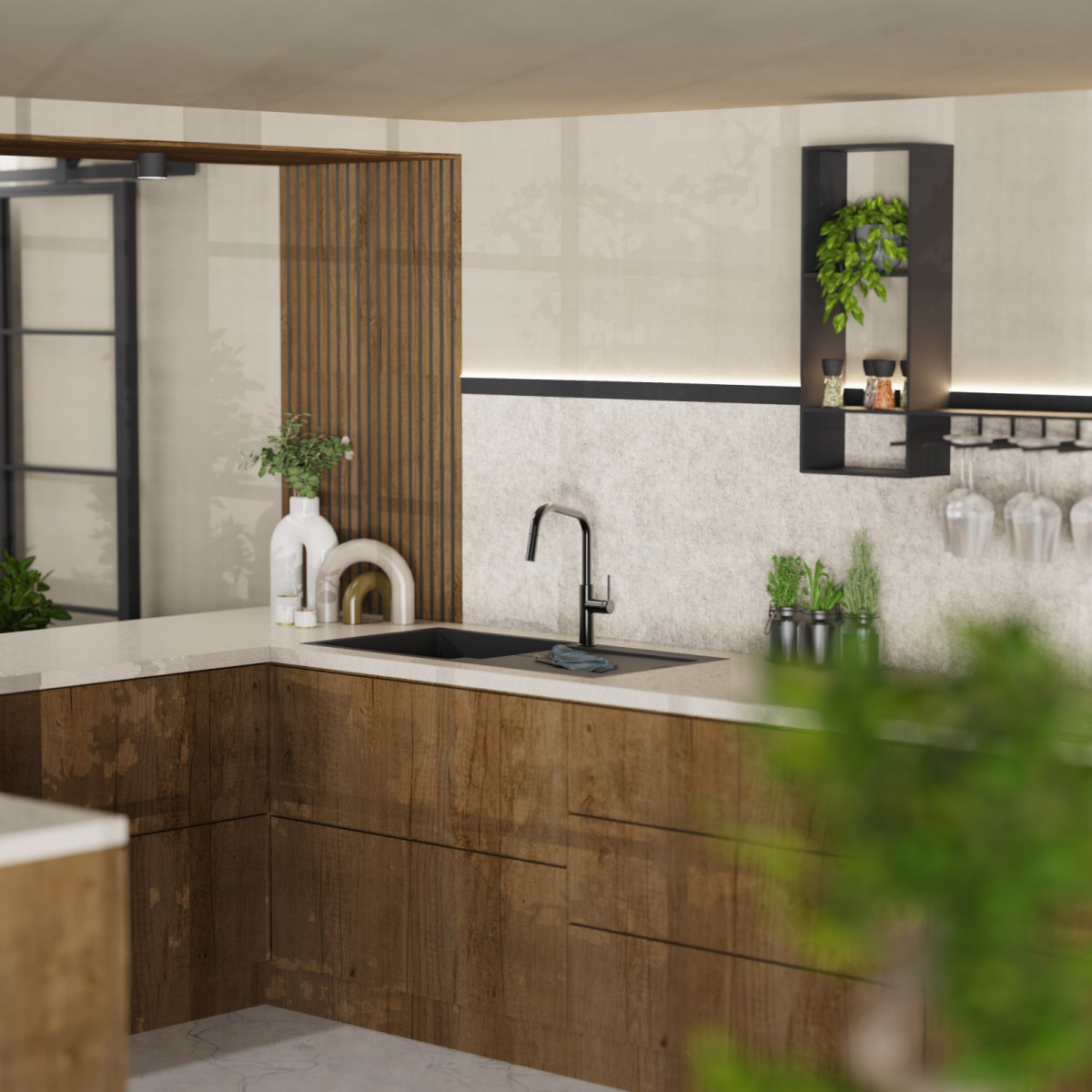 Rana Edge, Kitchen faucet with edged spout and pull-down spray in matte graphite