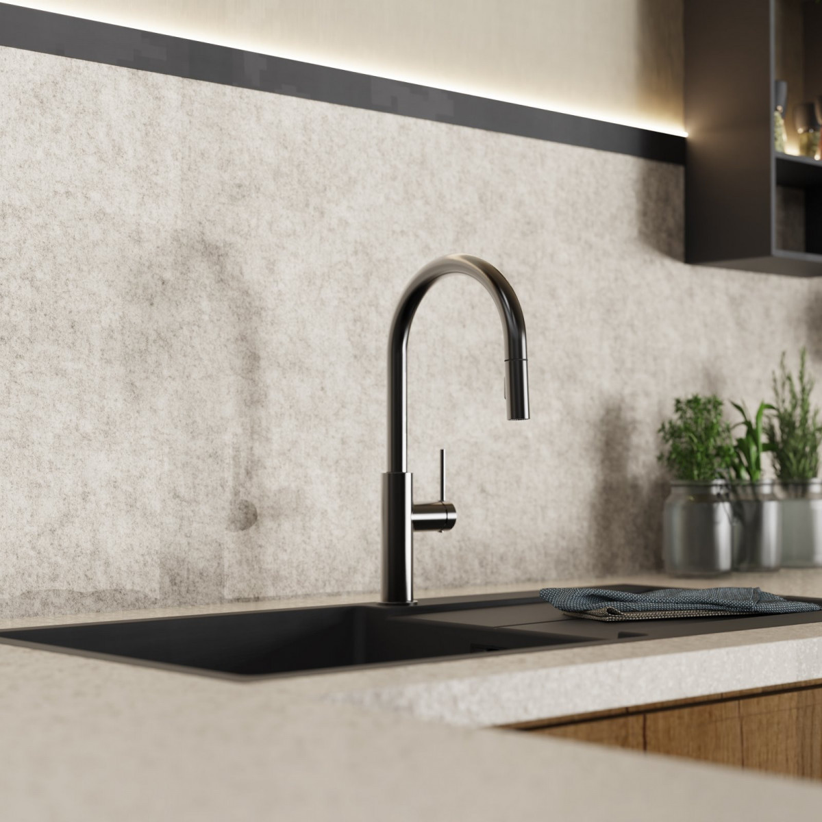 Rana Sphere, Kitchen faucet with curved spout and pull-down spray in matte graphite