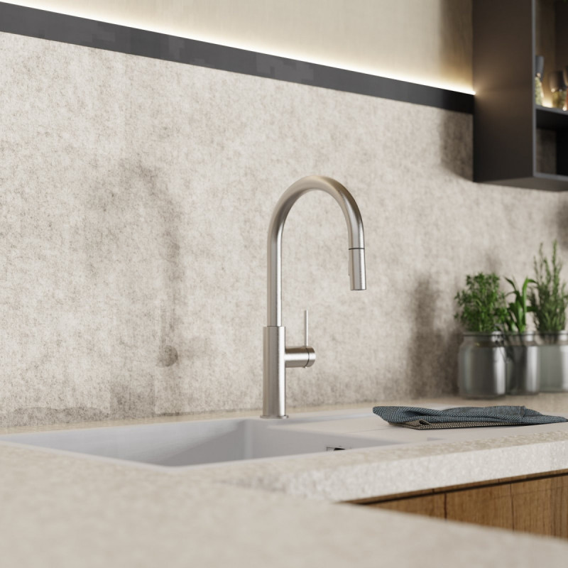 Rana Sphere, Kitchen faucet with curved spout and pull-down spray in brushed nickel