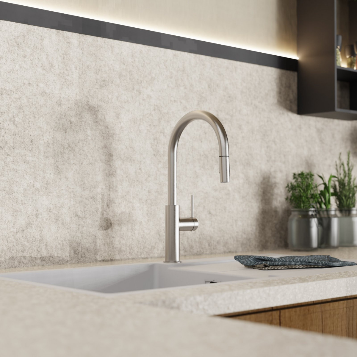 Rana Sphere, Kitchen faucet with curved spout and pull-down spray in brushed nickel