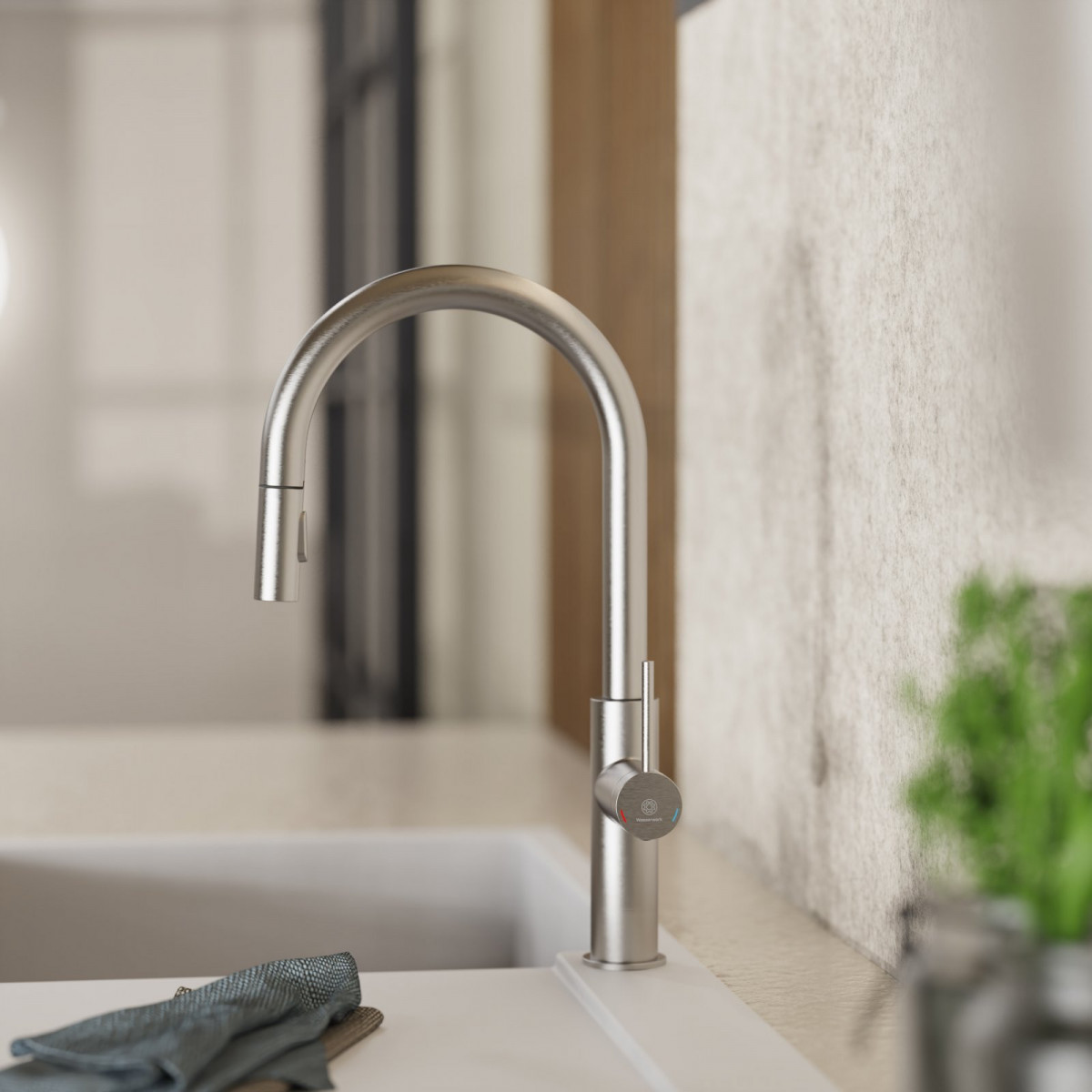 Rana Sphere, Kitchen faucet with curved spout and pull-down spray in brushed nickel