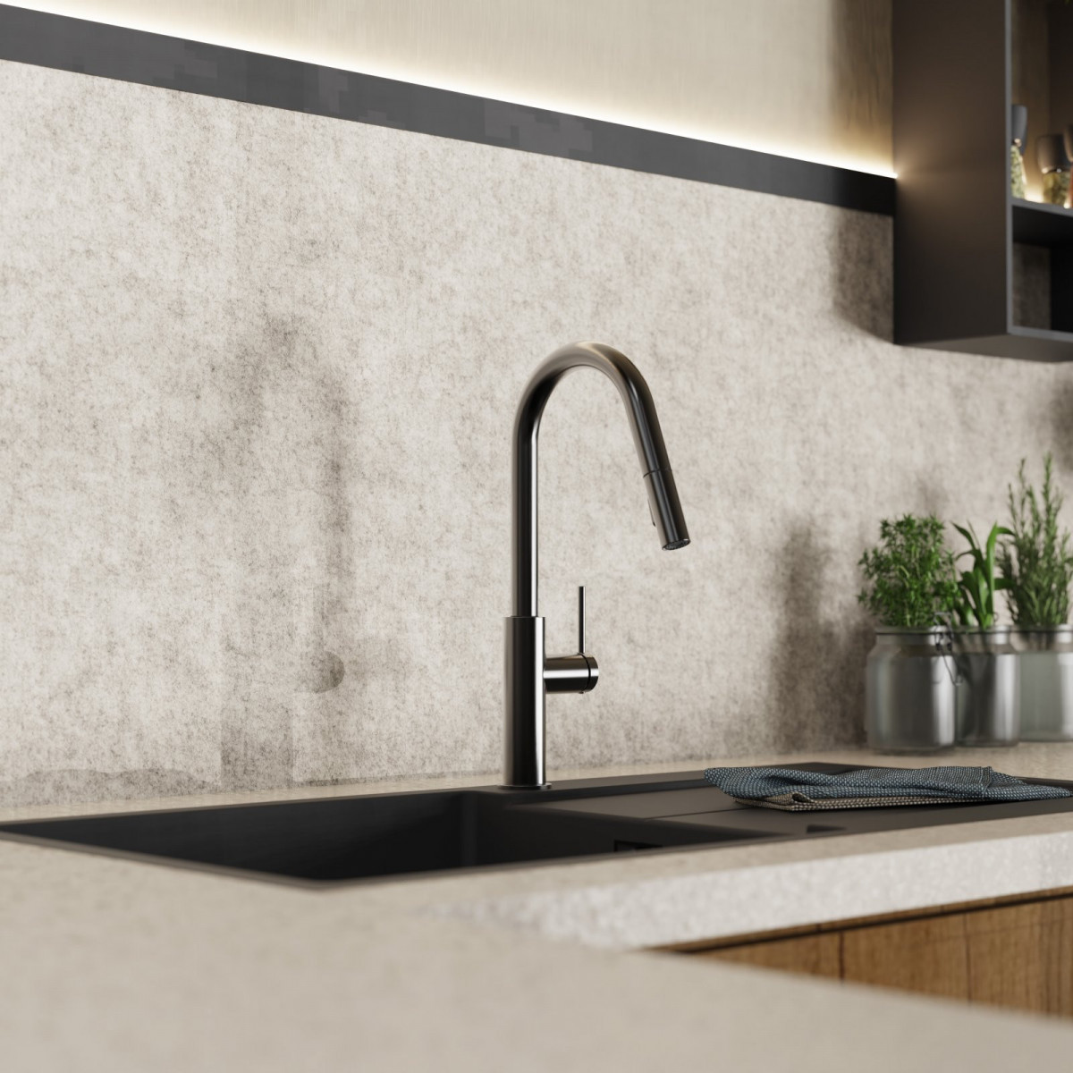 Rana Curve, Kitchen faucet with curved spout and pull-down spray in matte graphite