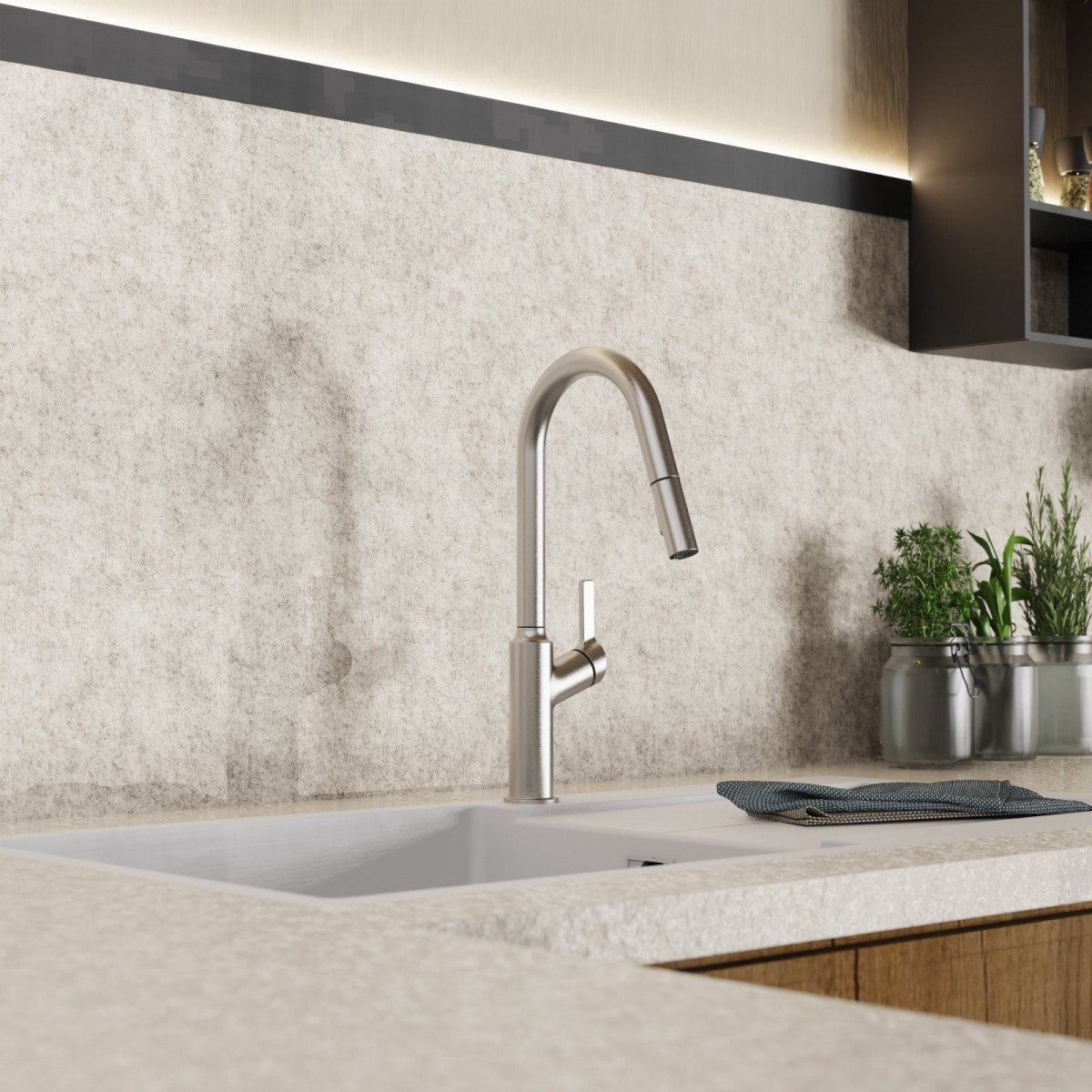 Okab, Kitchen faucet with curved spout and pull-down spray in brushed nickel