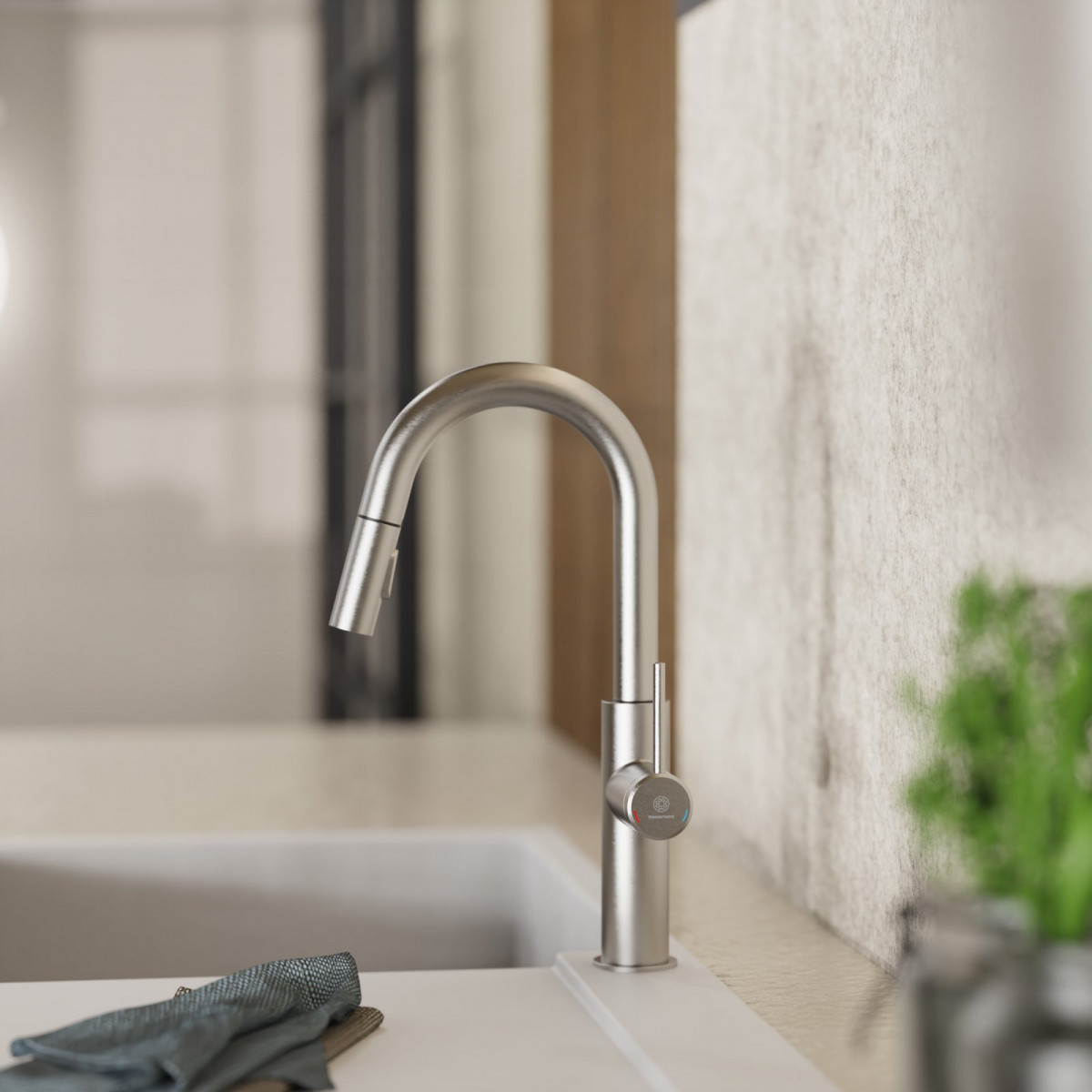 Rana Prep, Kitchen faucet with low curved spout and pull-down spray in brushed nickel