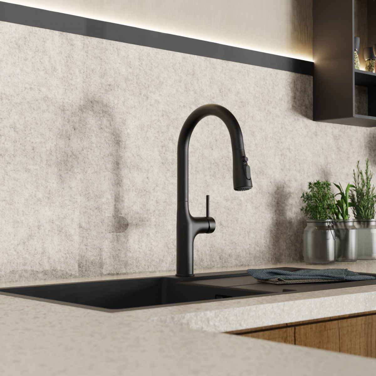 Maia, Kitchen faucet with arched spout and pull-down spray in matte black