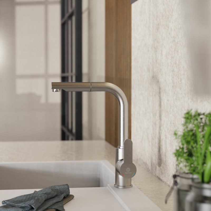Felis Pull-Out kitchen faucet in brushed nickel | Wasserwerk