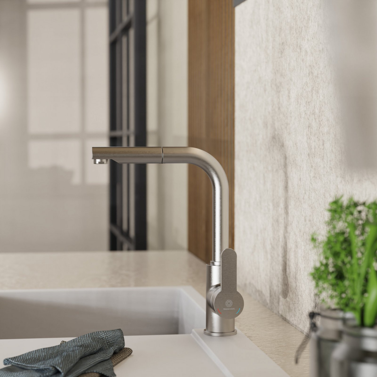 Felis Pull-Out kitchen faucet in brushed nickel | Wasserwerk