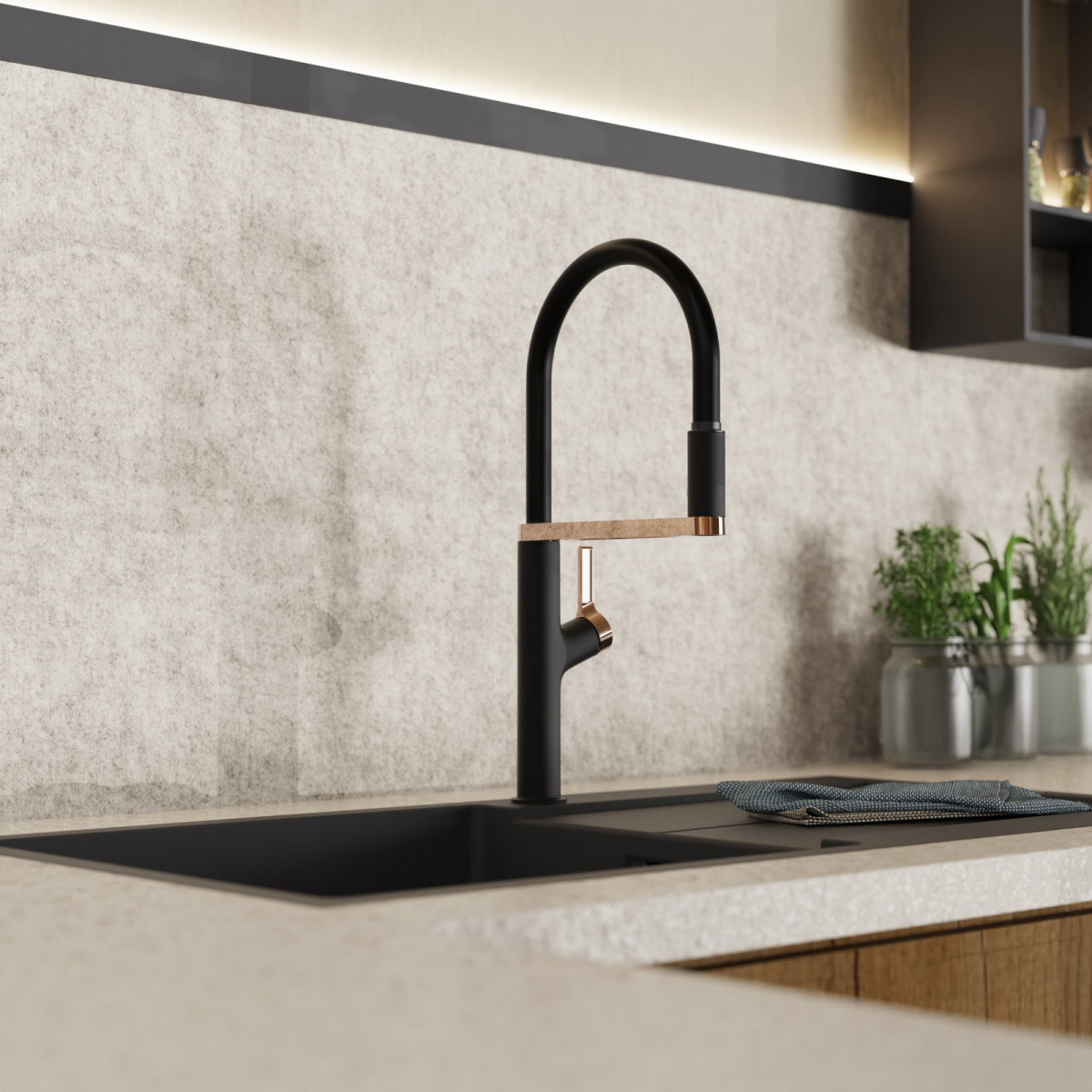 Atik kitchen faucet in matte black and rose gold | Wasserwerk