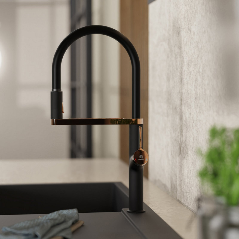 Atik kitchen faucet in matte black and rose gold | Wasserwerk