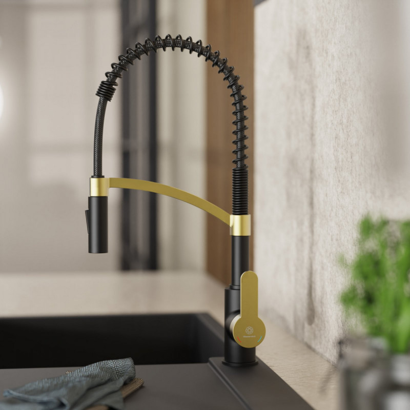 Felis Semi Pro kitchen faucet in matte black and brushed gold | Wasserwerk