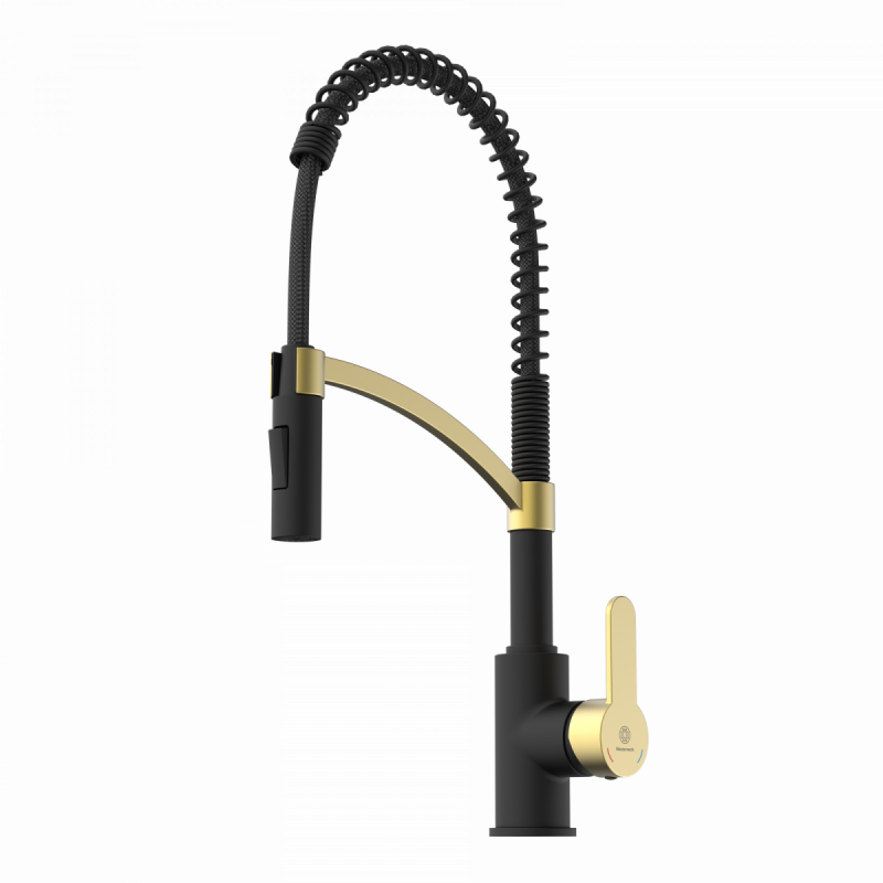 Felis Semi Pro kitchen faucet in matte black and brushed gold | Wasserwerk