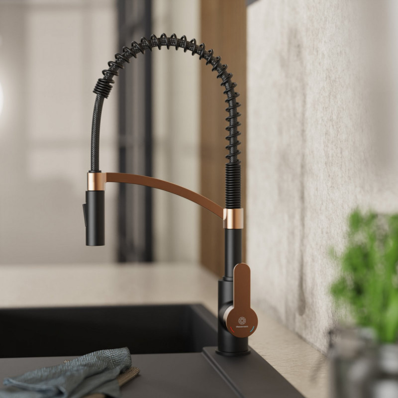 Felis Semi Pro kitchen faucet in matte black and rose gold | Wasserwerk
