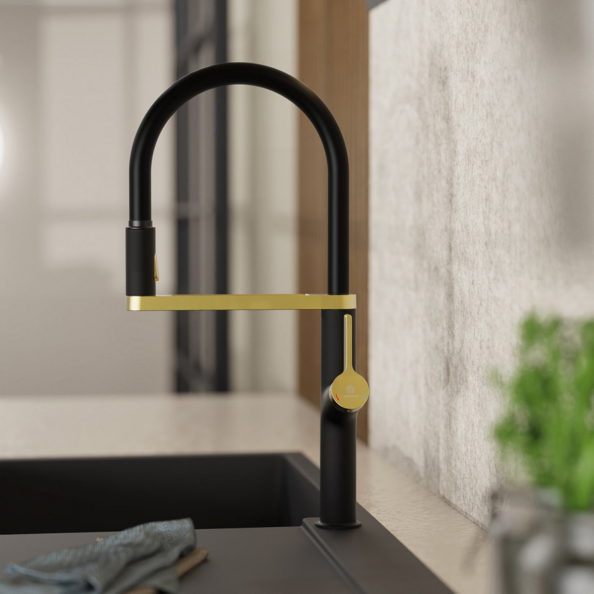 Atik kitchen faucet in matte black and brushed gold | Wasserwerk