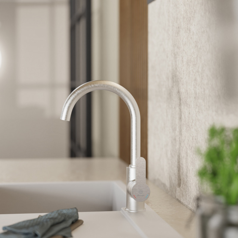 Felis Bar, Kitchen faucet with arched spout in brushed nickel