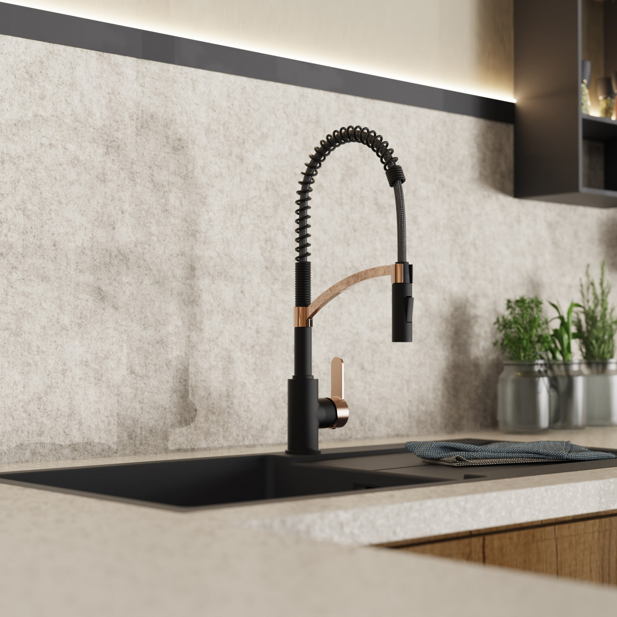 Felis Semi-Pro, Kitchen faucet semi-pro with pull-down spiral spring in matte black and rose gold