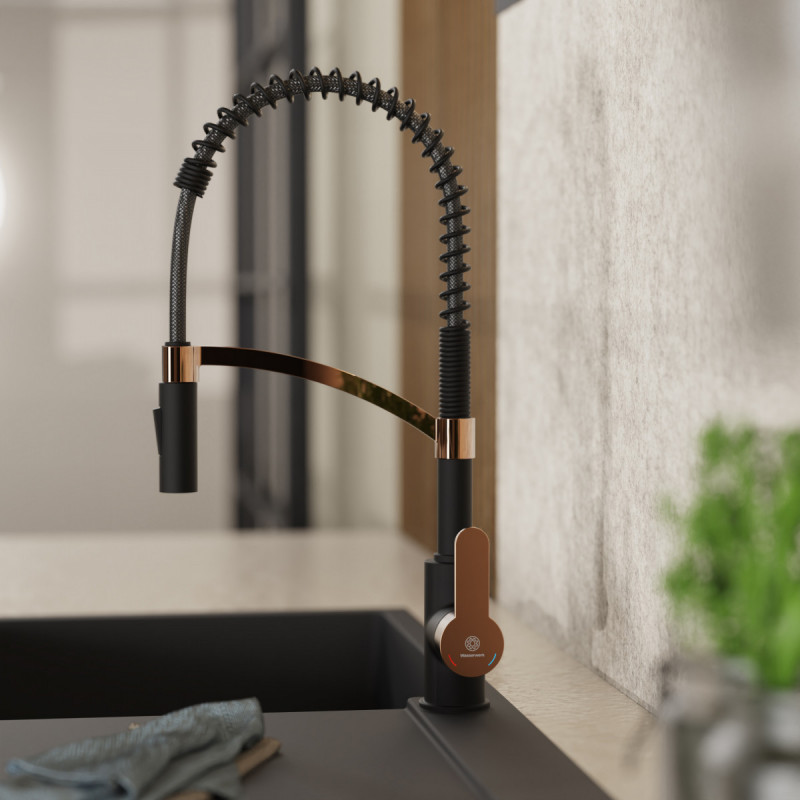 Felis Semi-Pro, Kitchen faucet semi-pro with pull-down spiral spring in matte black and rose gold