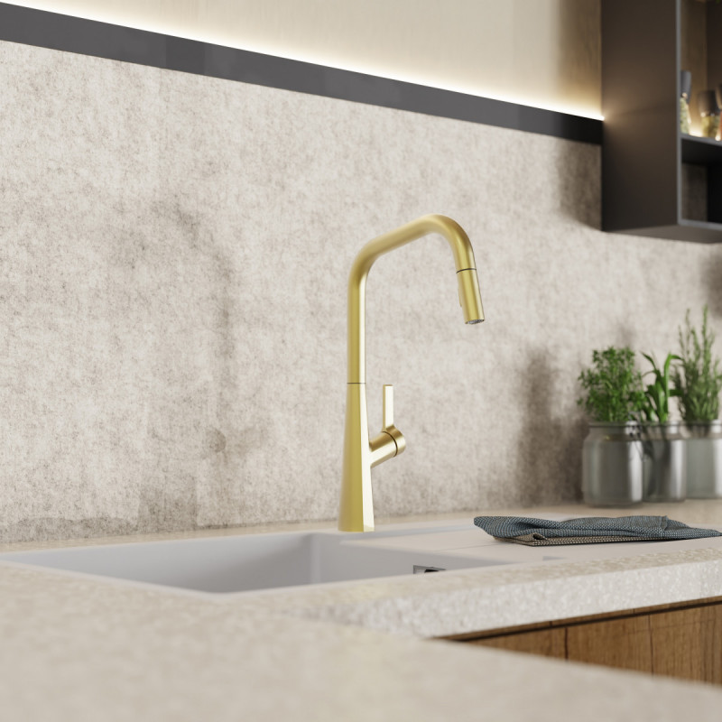 Keid Edge, Kitchen faucet with edged spout and pull-down spray in brushed gold