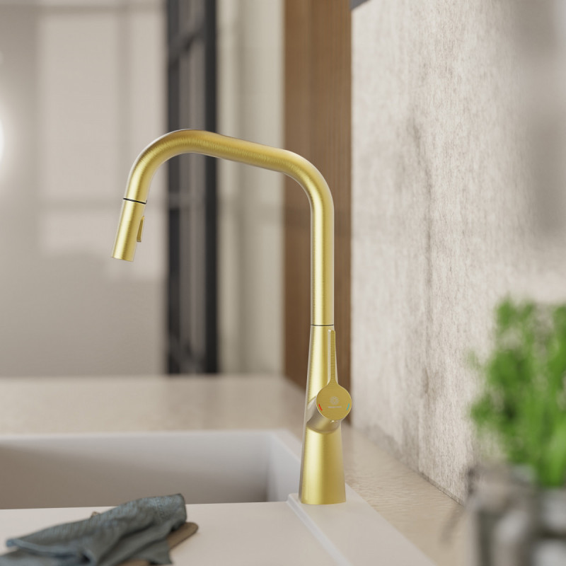 Keid Edge, Kitchen faucet with edged spout and pull-down spray in brushed gold