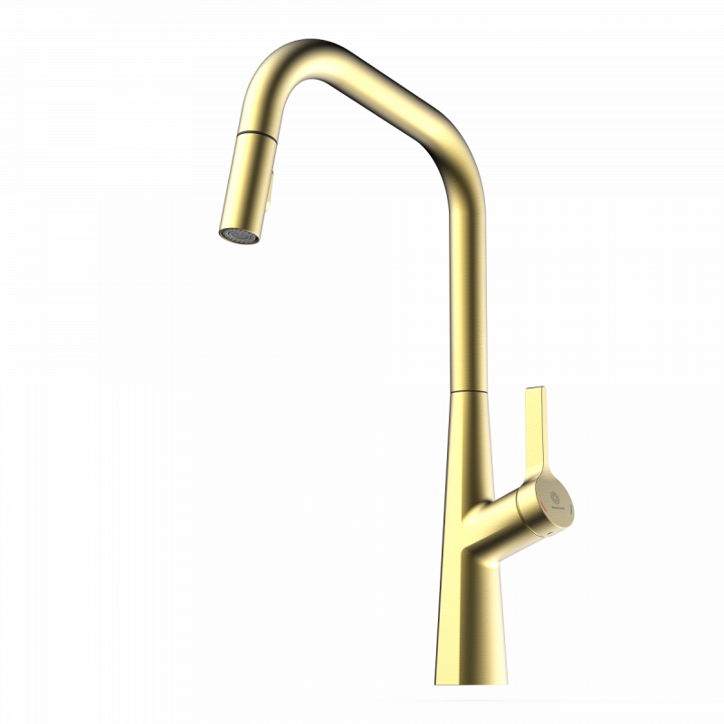 Keid Edge, Kitchen faucet with edged spout and pull-down spray in brushed gold