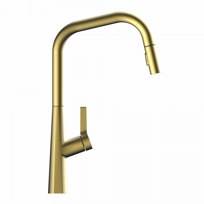 Keid Edge, Kitchen faucet with edged spout and pull-down spray in brushed gold