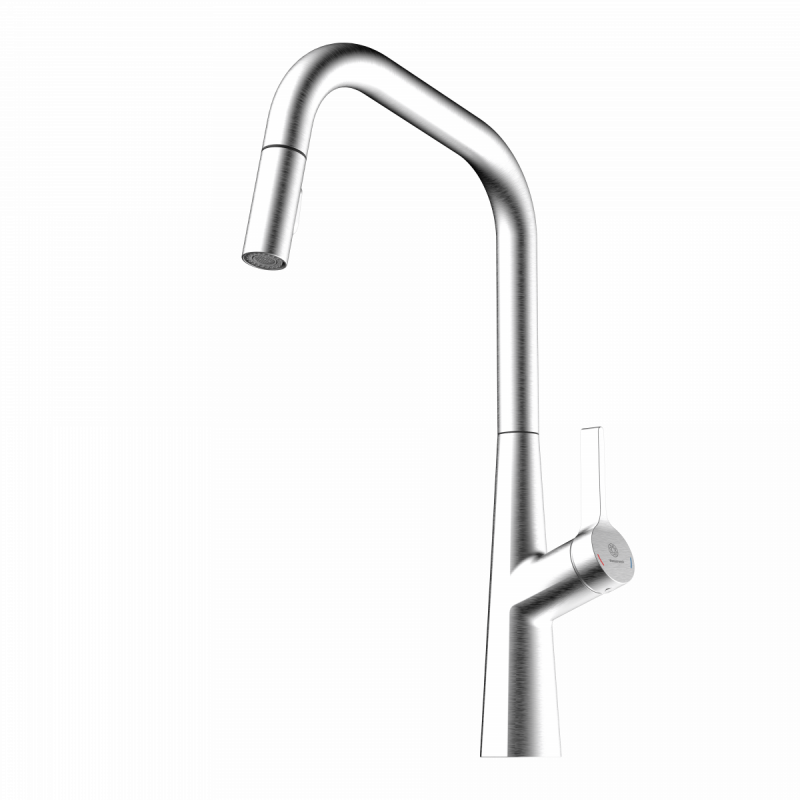 Keid Edge, Kitchen faucet with edged spout and pull-down spray in brushed nickel