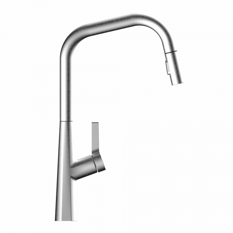 Keid Edge, Kitchen faucet with edged spout and pull-down spray in brushed nickel