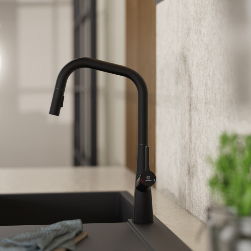 Keid Edge, Kitchen faucet with edged spout and pull-down spray in matte black