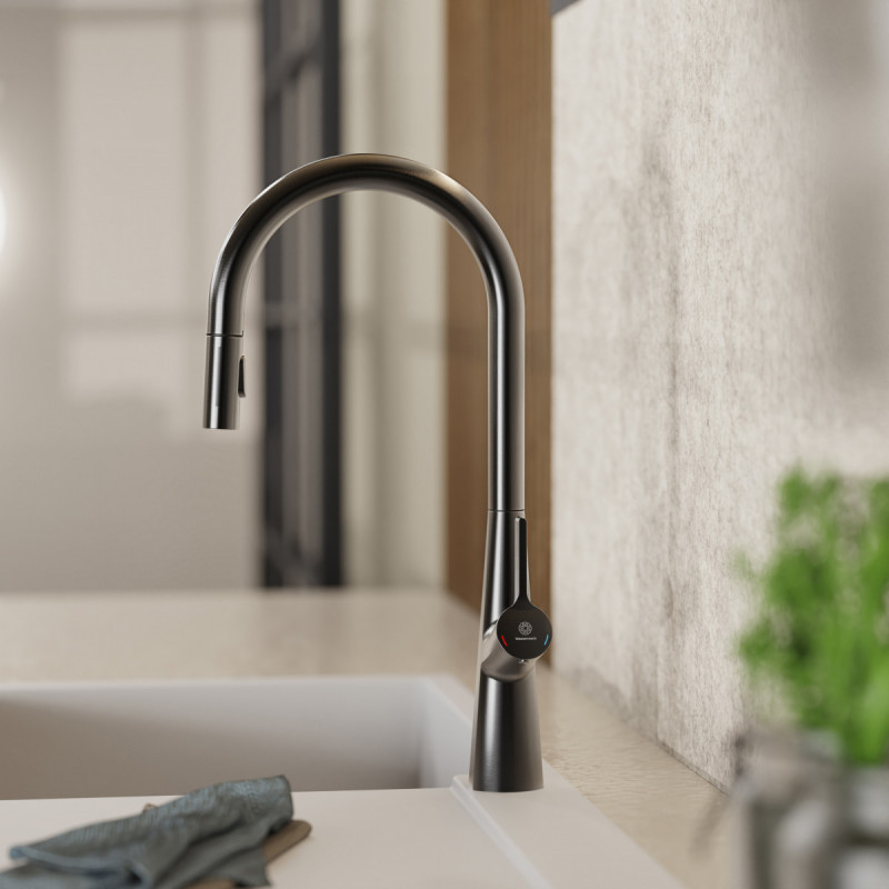 Keid Sphere, Kitchen faucet with arched spout and pull-out spray in matte graphite