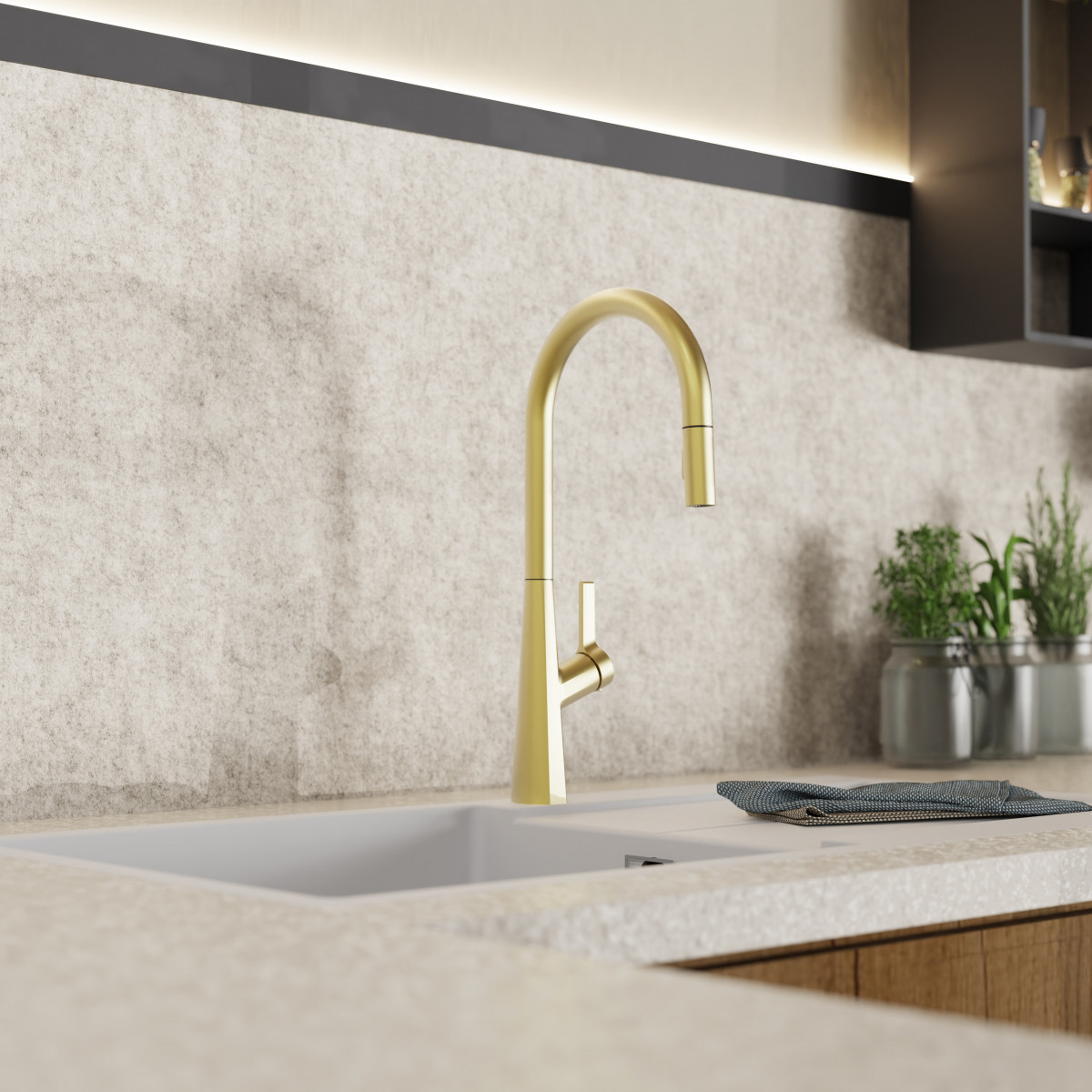 Keid Sphere, Kitchen faucet with arched spout and pull-out spray in brushed gold