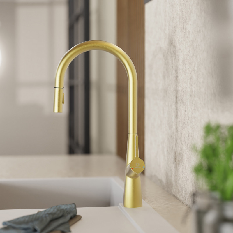 Keid Sphere, Kitchen faucet with arched spout and pull-out spray in brushed gold