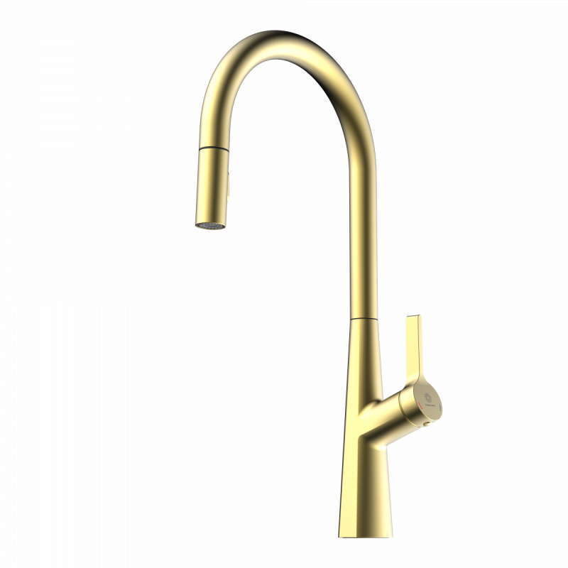 Keid Sphere, Kitchen faucet with arched spout and pull-out spray in brushed gold