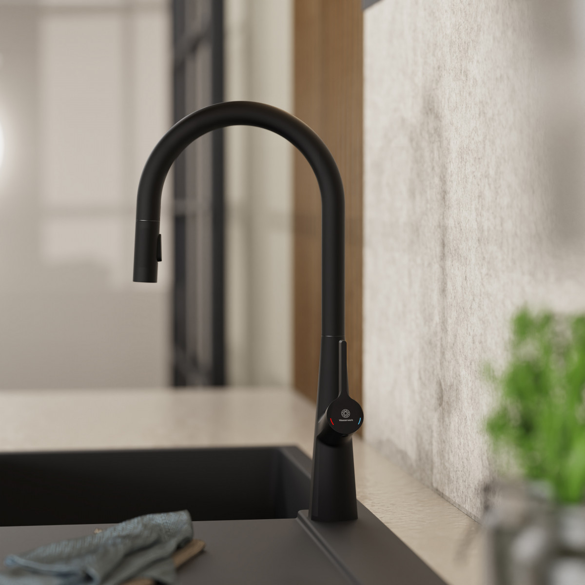 Keid Sphere, Kitchen faucet with arched spout and pull-out spray in matte black