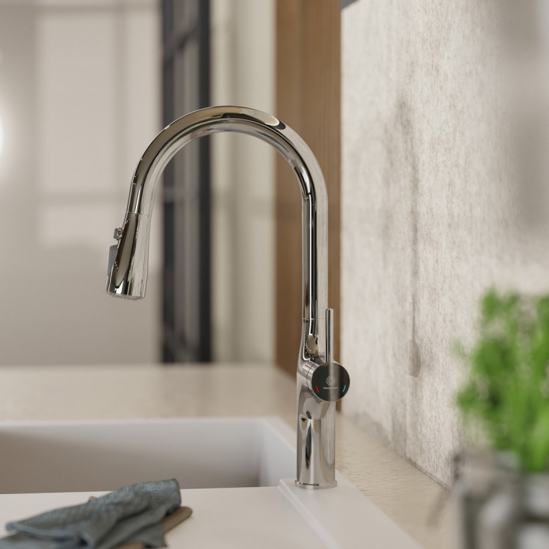 Maia, Kitchen faucet with arched spout and pull-down spray in chrome