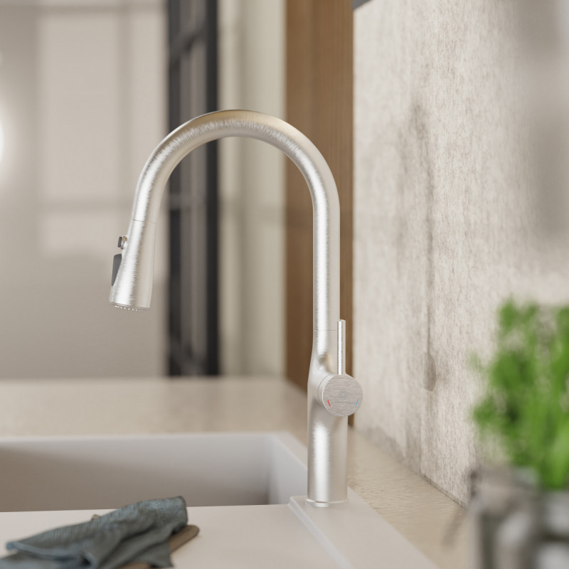 Maia, Kitchen faucet with arched spout and pull-down spray in brushed nickel