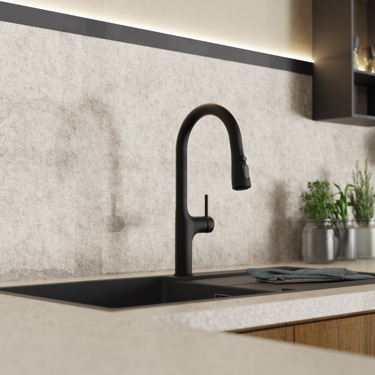 Maia, Kitchen faucet with arched spout and pull-down spray in matte black