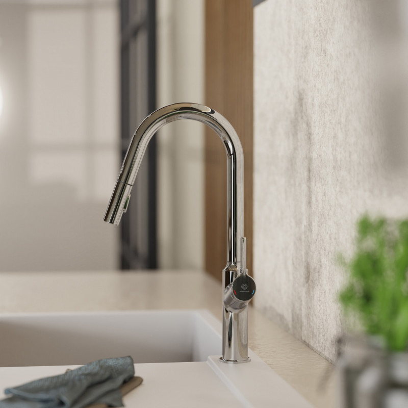 Okab, Kitchen faucet with curved spout and pull-down spray in chrome