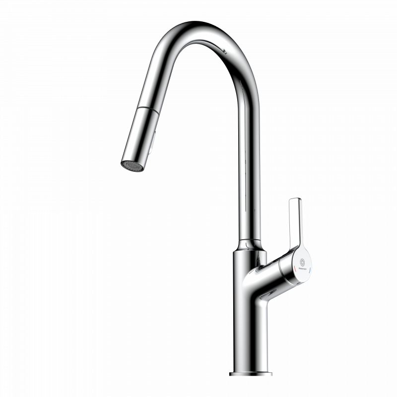 Okab, Kitchen faucet with curved spout and pull-down spray in chrome