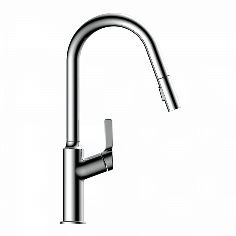 Okab, Kitchen faucet with curved spout and pull-down spray in chrome