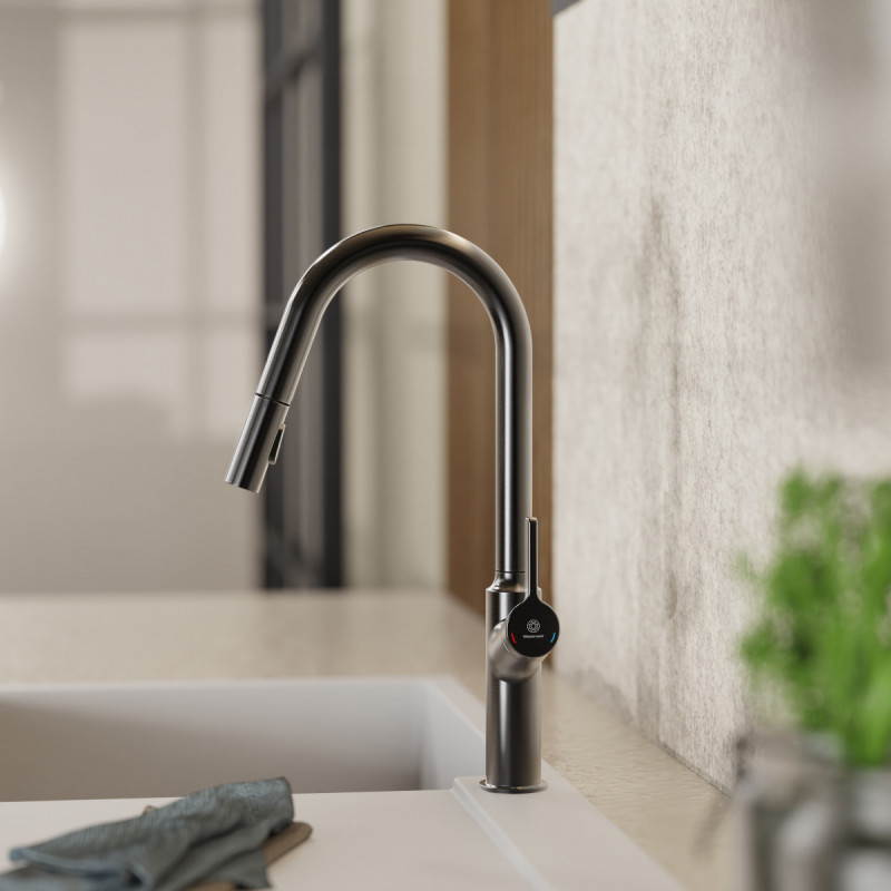 Okab, Kitchen faucet with curved spout and pull-down spray in matte graphite